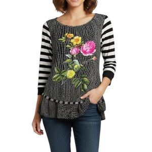 Save The Queen Floral Striped Semi Sheer Sleeves Top Small Black